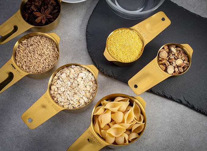 7-Piece 18/8 Stainless Steel Measuring Cups Set, Gold | Includes 1/16, 1/4, 1/3, 1/2, 2/3, 3/4 and 1 Cup, Engraved US and Metric Markings, Pour Spouts and Ring Connector