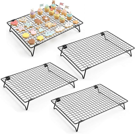 Kifmurase 4PCS Stackable Cooling Rack for Baking, 13.3 x 9.3 Inch Carbon Steel Wire Rack with Folding Legs for Cookie Cake Pizza Jerky, Multi-Use Bread Oven Racks for Cooking Roasting Drying Grilling