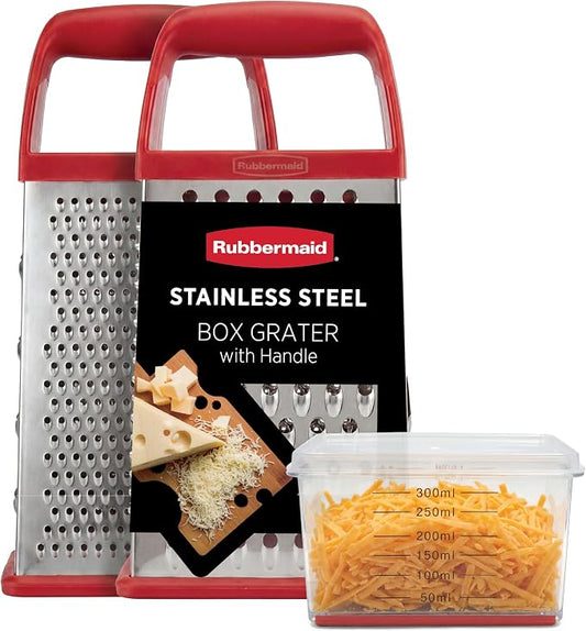 Rubbermaid EZ Grip Box Grater, Stainless Steel Cheese Grater & Container - BPA Free Multi-Surface Cheese Shredder & Food Grater for all Vegetables | Graters for Kitchen -Non-Slip Base, Dishwasher Safe