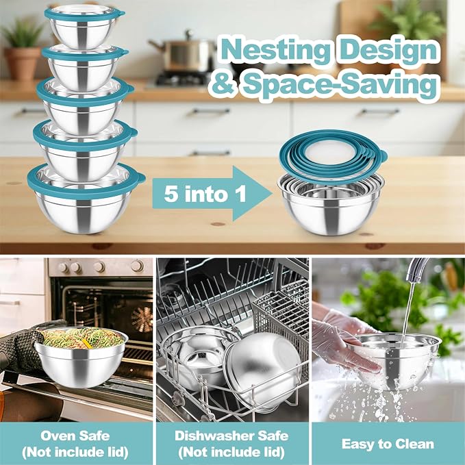 TeamFar Mixing Bowls Set, Stainless Steel Salad Bowl with Lids, Dark Blue | 4.5/3/1.5/1/0.7 QT, Metal Nesting Bowls with Visible Airtight Lids, For Serving/ Mixing/ Storing, Dishwasher Safe, Set of 5