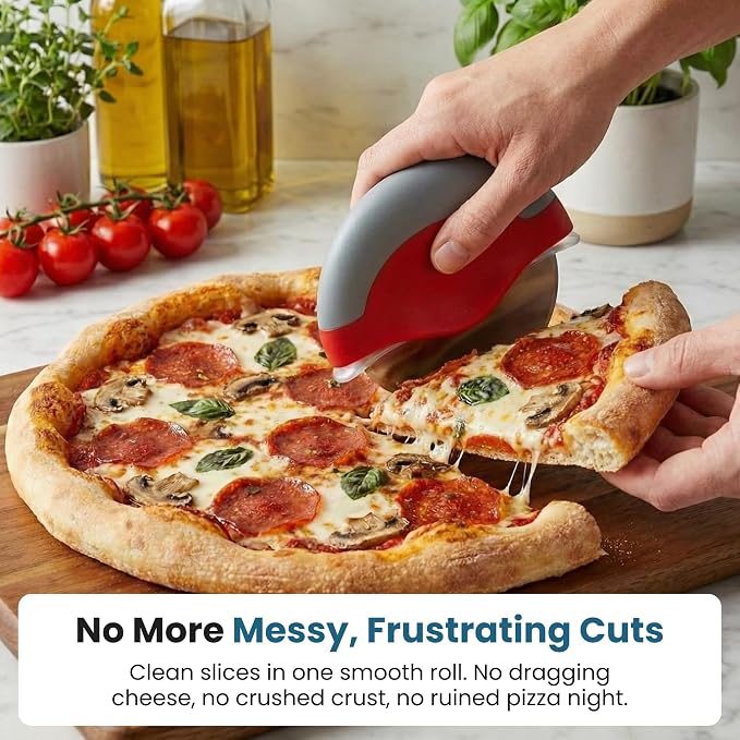 Pizza Cutter, Unique Wheel Design Comes Apart for Easy Cleaning, Super Sharp Stainless Steel Blade with Protective Guard, Best Grip to Cut Your Favorite Pizzas, by Jokari Gourmet