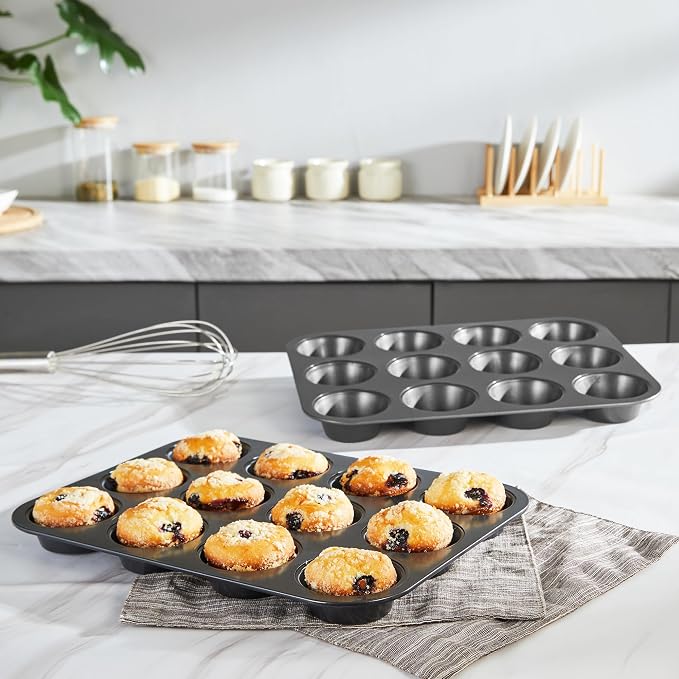 HONGBAKE Non-Stick Muffin Pans, Cupcake Pan with Silicone Baking Cups, 2 Pack Non toxic Healthy Muffin tin, Heavy duty-Dark Grey