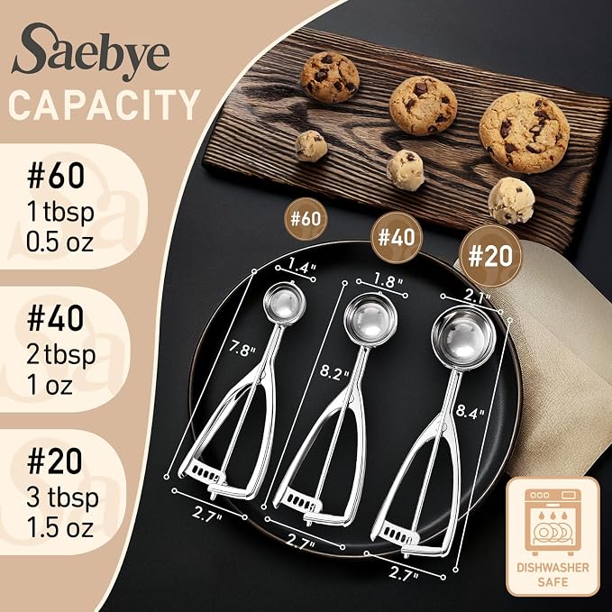 Saebye Cookie Scoop Set, Cookie Scoops for Baking Set of 3, Cookie Dough Scoop, 1 Tbsp/ 2 Tbsp/ 3 Tbsp, Melon Baller Scoop, Ice Cream Scoop with Trigger, for Cookie Cupcake Muffin Ice Cream Truffles