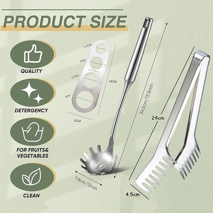 3 Pieces Spaghetti Spoon and Pasta Tong, Stainless Steel Comb Shaped Tongs, Noodles Pasta Clip Kitchen Cooking Tool