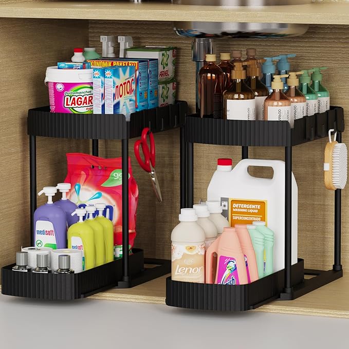2 Packs Under Sink Pull-Out Storage Organizers, 14.8 Inches, Black | Multi-Purpose Cabinet Organizers and Storage for Bathroom & Kitchen