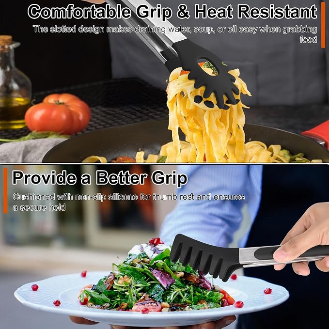 3 PCS Kitchen Tongs with Silicone Tips, 9 & 12-Inch Heat Resistant Silicone Tongs for Cooking Stainless Steel Spaghetti Tong Pasta Tong for Serving Food, Spaghetti, Pasta, BBQ, Salad (3 PCS)