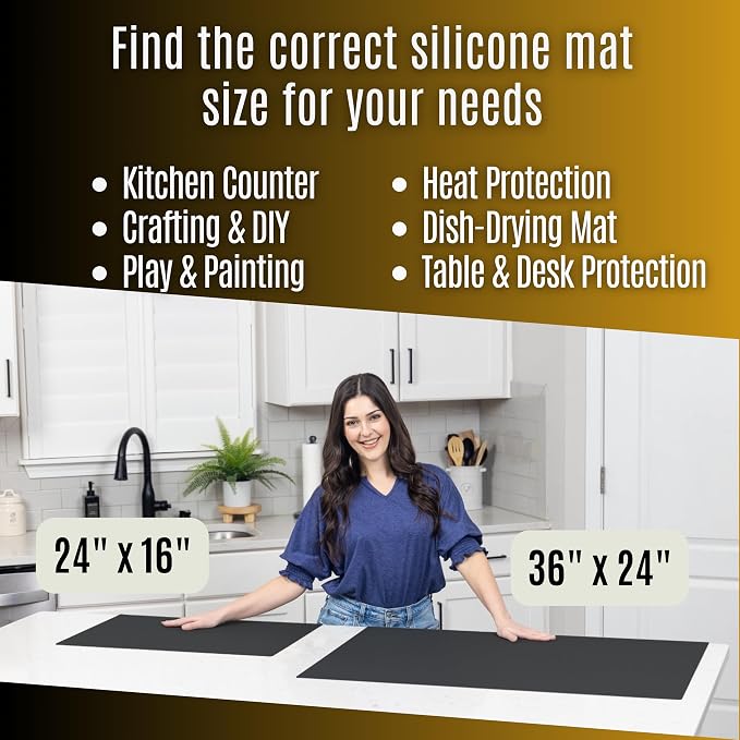 Silicone Mat for Kitchen Counter with "Edge Protection" – Quartz Countertop Protector Mats – Silicone Heat Resistant Mat – No Folds or Wrinkles – 1.4mm Thick, 24"x16", Black