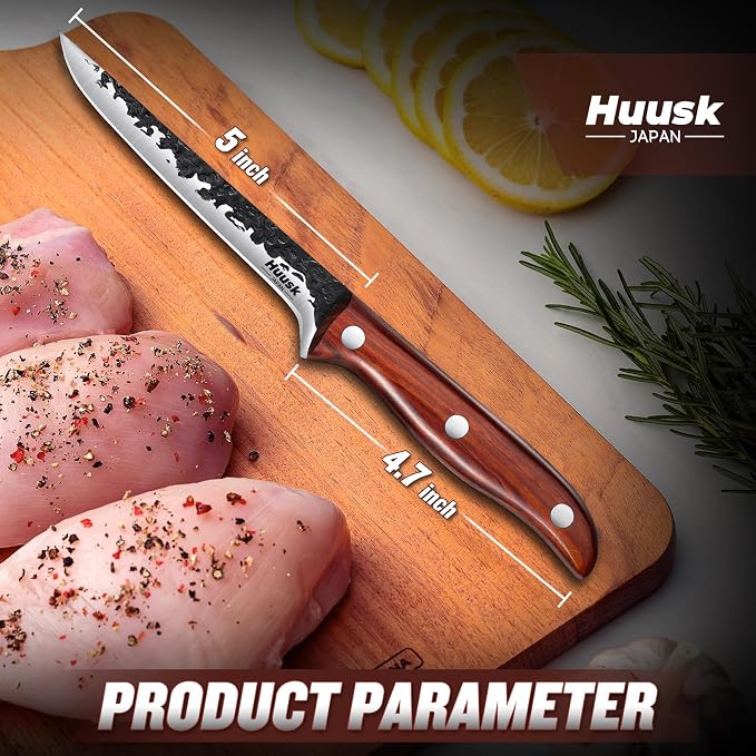 Huusk Boning Knife for Meat Cutting Deboning Butchering,Japanese Fillet Knives with Sheath,Brisket Trimming Knife,Full Tang Hand Forged Camping BBQ 5 Inch Gift for Dad