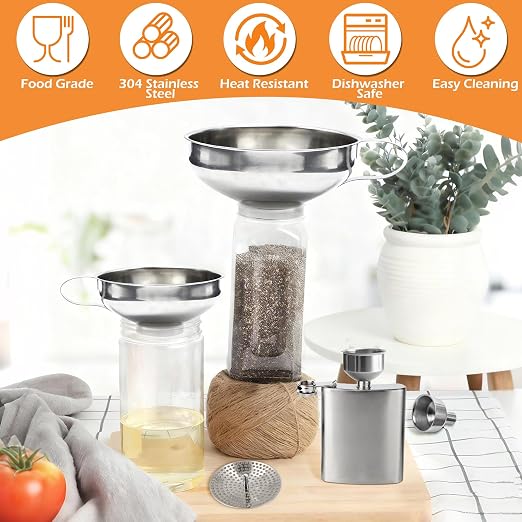 6 Pack Stainless Steel Canning Funnel for Filling Mason Jar with Mesh Strainer, Wide & Narrow Mouth Funnels for Kitchen Use, Filling Bottles & Dry Ingredients, Kitchen Gadgets Canning Supplies Kit