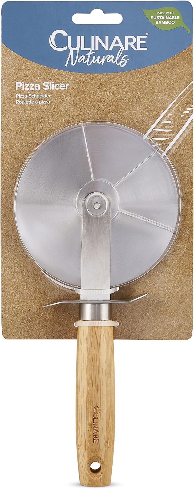 Culinare Naturals C70004 Pizza Cutter Wheel | Sustainable Bamboo/Stainless Steel | (L)220mm x (W)10mm | Manual Hand Held Slicing Tool For Pizzas/Kitchen Utensil | Metal Slicer | Not Dishwasher Safe