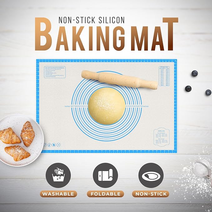26 * 16 inches blue, Non-Slip Silicone Baking Sheets - Baking Mat with 0.7mm Thickness - Non-Stick Pastry & Cookie Mat for Kitchen Counter for Rolling Out Dough with Measurements.