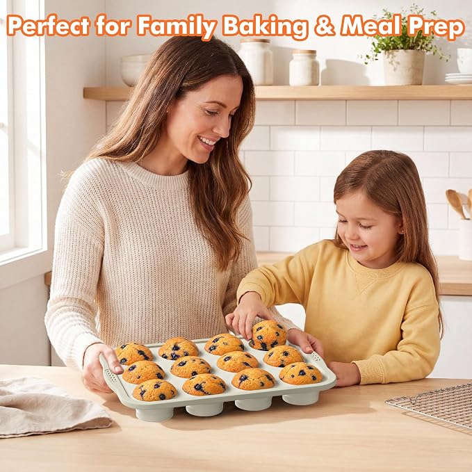 2 Pack Silicone Muffin Pan for Baking with Metal Reinforced Frame, Foldable 12 Cup Regular Size Nonstick Cupcake Pan, Muffin Tray for Baking, Dishwasher Safe Egg Bite Molds for Oven，Beige
