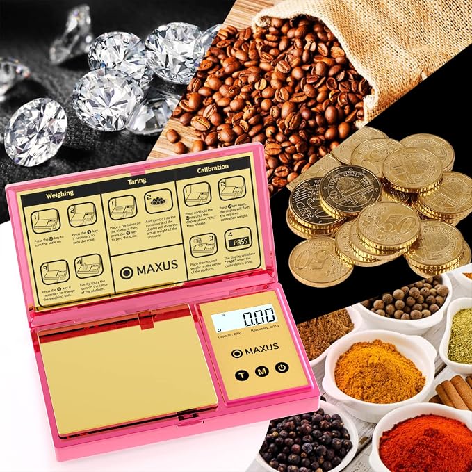 Digital Gram Scale with 200g x 0.01g Capacity | Stylish Pink Plated Shining Cover and Platform, Mini Pocket Scale for Food and Jewelry