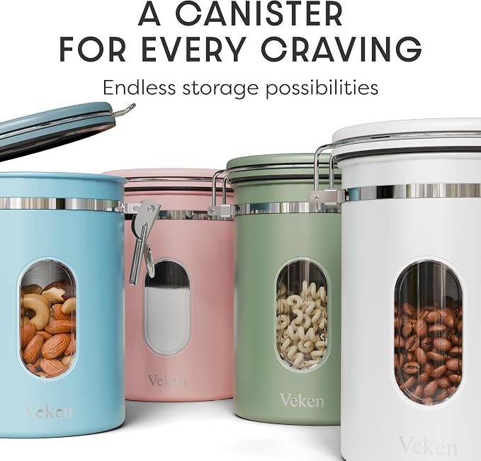 Veken Coffee Canister with Window, Airtight Stainless Steel Container, 22OZ | Kitchen Food Storage Organizers for Beans, Ground, Espresso, Rice,Tea, Sugar,Cereal, Gifts,Lids,Jars,Scoop,White