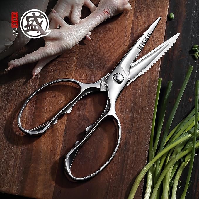 MITSUMOTO SAKARI 8 Inch Kitchen Scissors & Poultry Shears, Removable | 1.4116 Mo-V All Steel, Serrated Edge Design, Bottle & Can Opener, Magnetic Fridge Storage, Left & Right Hand Use