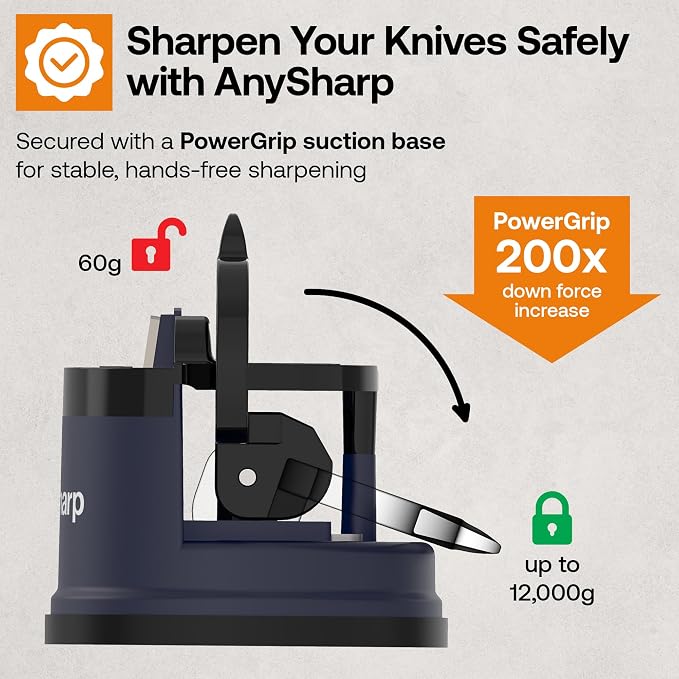 AnySharp – Editions – Hands Free Knife Sharpener - Easy to Use Sharpening Tool with PowerGrip Suction Base and 20-Degree Pre-Set Angle - for All Knives: Chef's, Serrated, and Hardened Steel - Navy