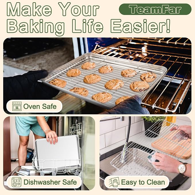 TeamFar Baking Sheet with Rack Set, 3 Pans + 3 Racks, 16/12.5/10.5 Inch | Stainless Steel Cookie Sheets Baking Pans Trays and Cooling Racks for Cooking, Non-Toxic & Heavy Duty, Dishwasher Safe