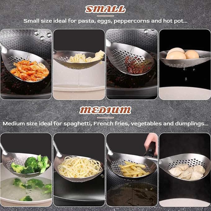 MARTE Skimmer Slotted Spoon,304 Stainless Steel Pasta Spider Strainer Ladle for Frying and Cooking, Set of 2 Colanders & Food Strainers，Kitchen Utensils Spaghetti Spoon with Heat-Resistant Handle