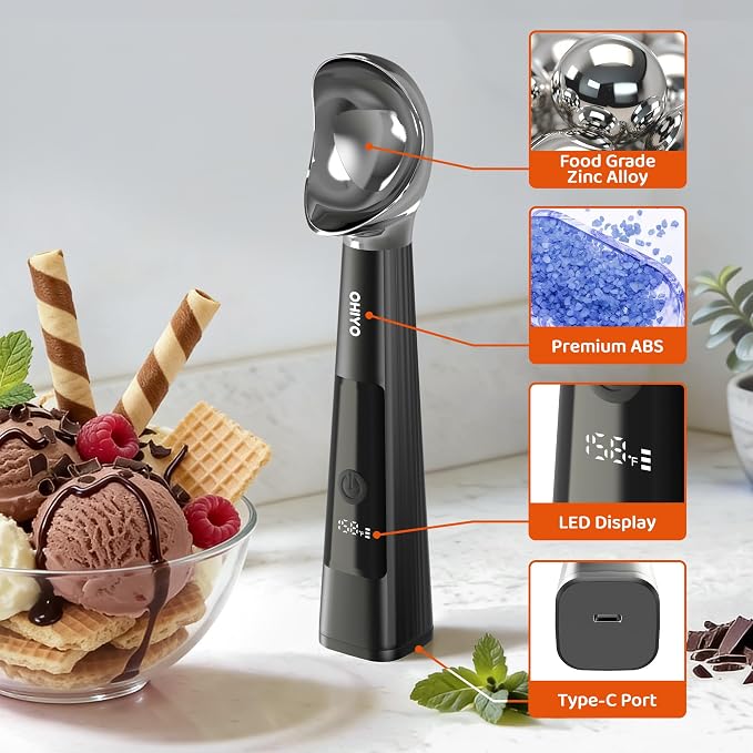 Heated Ice Cream Scoop Rechargeable, OHIYO Electric Icecream Scooper with 3 Temperature, LED Display & 3200mAh Fast Heating Scoop for Hard Ice Cream, Gelato, Frozen Yogurt & Sorbet (Black)