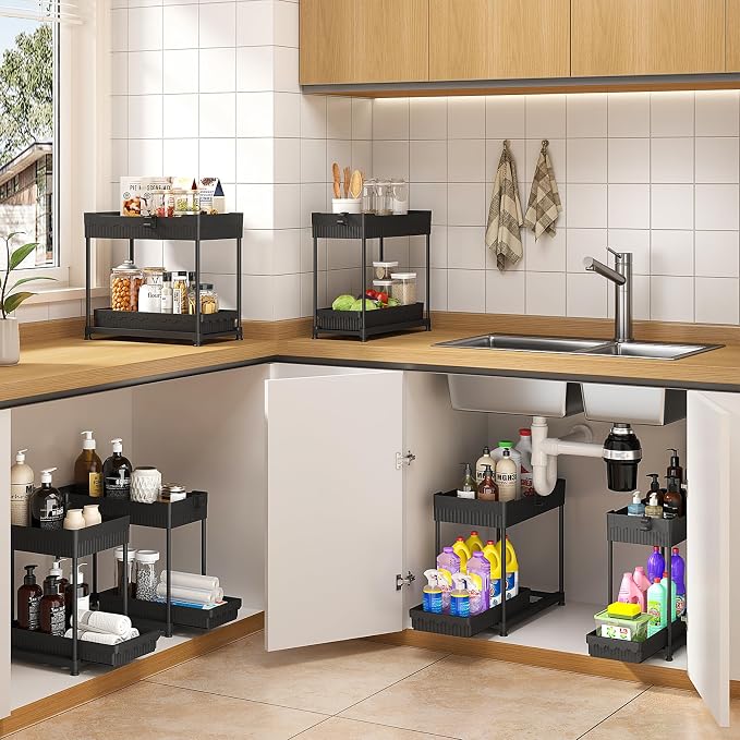 4-Pack 2-Tier Under Sink Organizer with Pull Out Drawers | Multi-use kitchen & bathroom storage. Includes hanging hooks and cups. Black, space-saving cabinet design.