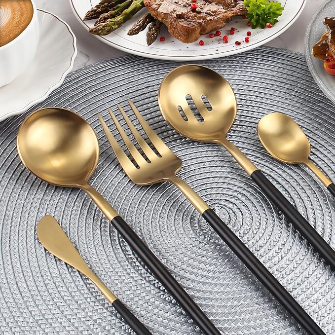Blackgold Serving Utensils,5 Pieces Hostess Set,Stainless Steel Serving Utensils Set Include Serving Fork,Large Serving Spoon and Serving Slotted Spoons,Sugar Spoons and Butter Knife,Dishwasher Safe