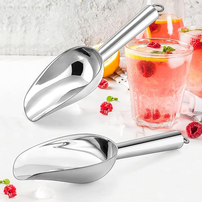 Herogo 3oz Mini ice Scoop Set of 2, Small Stainless Steel Scooper for Candy/Flour/Bean/Pet Food/ Ice Cube, Metal Utility Scoops for Kitchen Bar Party Wedding, Dishwasher Safe & Heavy Duty