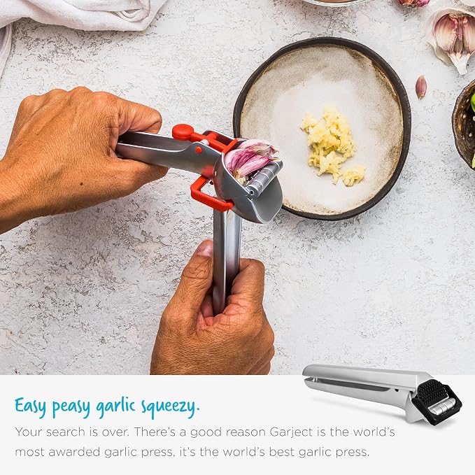 Dreamfarm Garject 2-In-1 Garlic Peeler, Garlic Press & Mincer with Garlic Peel Ejector, Chrome-Plated Zinc - Red | No-peel mincer with skin eject button, crushes up to 3 cloves, dishwasher safe, durable chrome-plated zinc