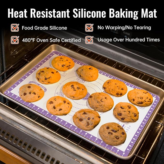 Non Stick Silicone Pastry Mat for Dough Rolling, Silicone Baking Mat for Bread, Cookie, Macaron, Pizza, Surdough, Non Slip Silcone Mat for Counter, Baking Suppliers Tools with 10 Useful Recipes