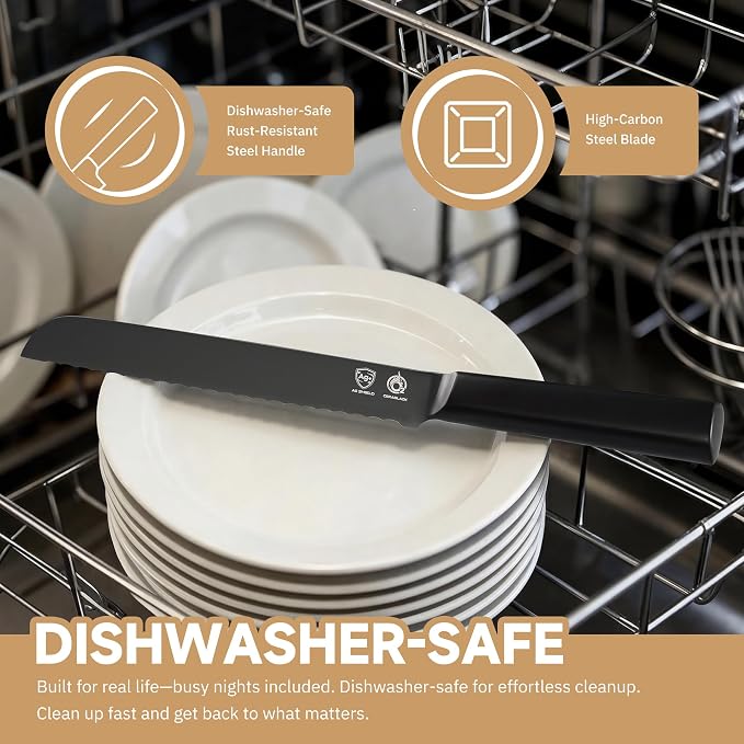 OOU® Black Blade 8 Inch Bread Knife with AgShield™ & Cerablack™ Technology, Rust-Resistant & Easy-Clean Finish, Serrated Edge for Sourdough, Bagels & Cake
