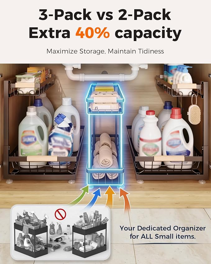 3-Pack 2-Tier Height Adjustable Under Sink Organizer, Brown | Multi-purpose metal storage shelf with sliding shelves for kitchen, bathroom, pantry & laundry cabinet