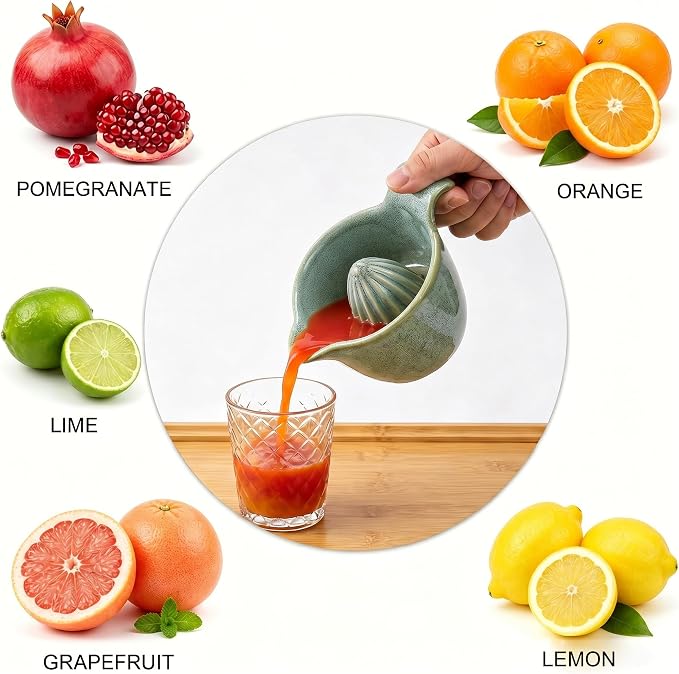 4 inch Ceramic Lemon Squeezer-Manual Citrus Juicer with Handle and Easy Pour Spout for Lemon,Orange, Lime&Grapefruit-Easy to Clean Hand Press Juicer,Microwave&Dishwasher Safe,Lead-Free (Green)