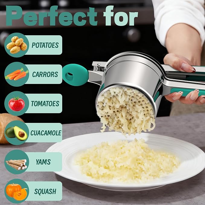 Large 15oz Potato Ricer for Mashed Potatoes, Heavy Duty 18/8 Stainless Steel Potato Masher for Baby Food & Spaetzle Maker, Masher and Ricer Kitchen Tool, Press and Mash Kitchen Gadget, Green