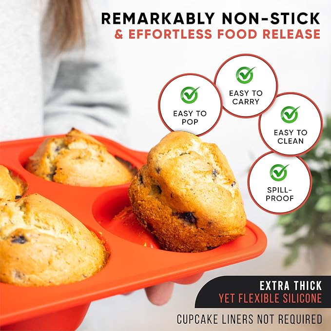 BAKE BOSS Silicone Jumbo Muffin Pan 6 Cup–Non-Stick Cupcake Pans for Baking, Heavy-Duty Large Silicone Muffin Pans for Baking, BPA-Free, Easy-Release, Oven & Dishwasher Safe
