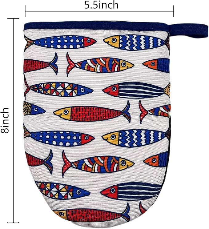 Linen Fish Mini Silicone Oven Mitts 2-Pack Set, Heat Slip Resistant Kitchen Gloves, Soft Short Oven Mittens for Safe Cooking Baking Grilling