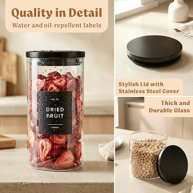 Glass Pantry Storage Jars Containers with Black Lids and Labels - Set of 4 | Extra Thick Round Glass Canisters with Black Lids and 54 Pre-printed Pantry Labels keeps dry Goods Fresh and Organized
