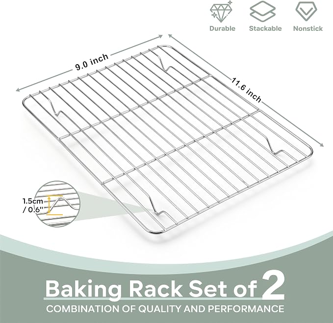 Herogo Baking Cooling Rack Set of 2, 11.6” x 9” Wire Racks for Cooking | Stainless Steel, Oven & Dishwasher Safe, Kitchen Bakeware Baking Rack, for Cooking Roasting Grilling
