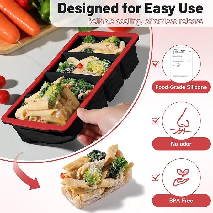 3-Pack Silicone Freezer Trays with Lid, Soup Freezer Container Molds, Silicone Freezer Molds, Ice Cube Tray for freezing Soup Sauce Broth Leftovers, Dishwasher & Oven Safe (1-cup,red)