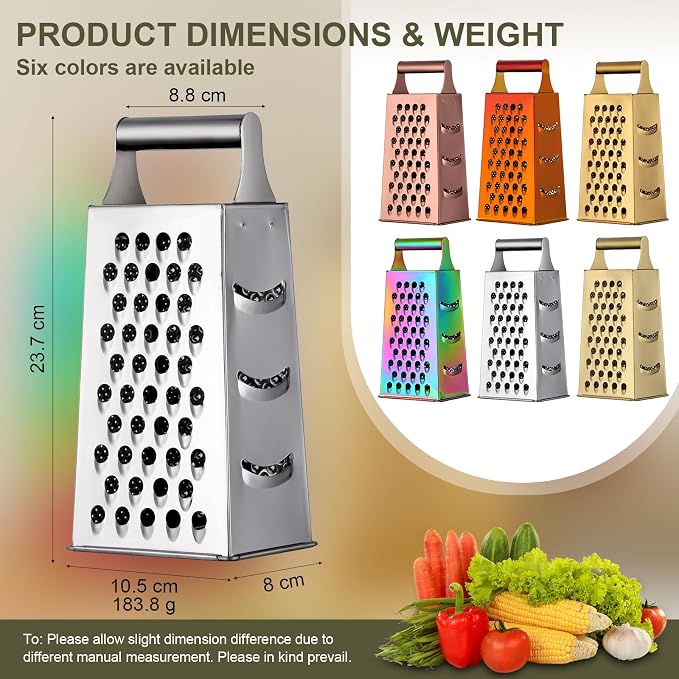Handheld Cheese Grater Box for Kitchen, Stainless Steel 4 Sided Cheese Grater with Handle for Grinding Shredding & Slicing, Dishwasher Safe (Silver)