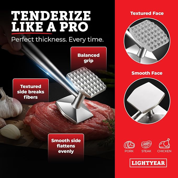 Lightyear Grillmaster Starter Pack | 3-Piece BBQ Bundle with Meat Hammer, Instant-Read Meat Thermometer & Silicone Basting Brush — Stainless Steel Grilling Gift Set
