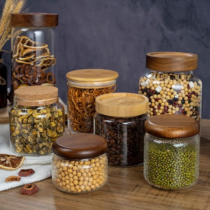 1PC Small Glass Storage Jars with Airtight Lids, 18 fl oz (550ml) Cute Clear Glass Storage container with bamboo Lid, Glass Pantry Canister for Beans, Rice, Sugar, Cookie Coffee and etc