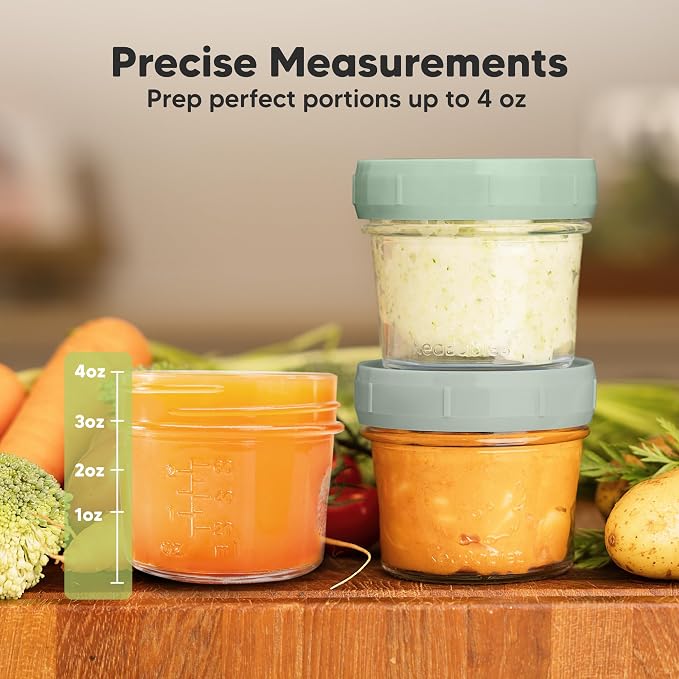 KeaBabies 6pk 4oz Glass Baby Food Containers with Lids, Leak-Proof (Sage) | Microwavable Small Glass Jars, Baby Purees, Toddler Snack Storage Containers, BPA-Free, Dishwasher-safe, Freezer Safe