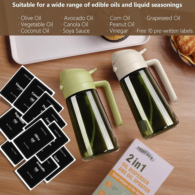 SWEET VIEW Olive Oil Dispenser and Oil Sprayer | 16oz/470ml Glass Light-Proof Oil Pourer for Kitchen Air Fryer, Cooking, Salad, and BBQ, with Stickers