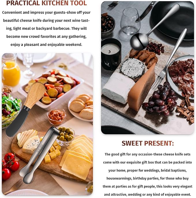 34 Pcs Charcuterie Board Accessories Cheese Butter Spreader Knives Set Stainless Steel Spreader Knives with Wooden Handles Charcuterie Boards Utensils Mini Serving Tongs Spoons and Forks, Black