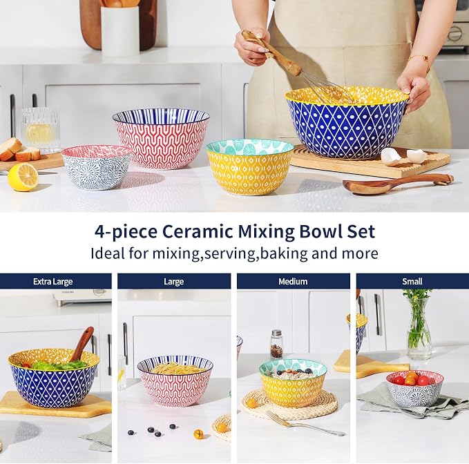 Selamica Ceramic Mixing Bowls, Nesting Bowls Set of 4 for Baking, Prepping, Cooking, Salad, 20/36/60/123 oz, Microwave & Dishwasher Safe, Assorted Colors