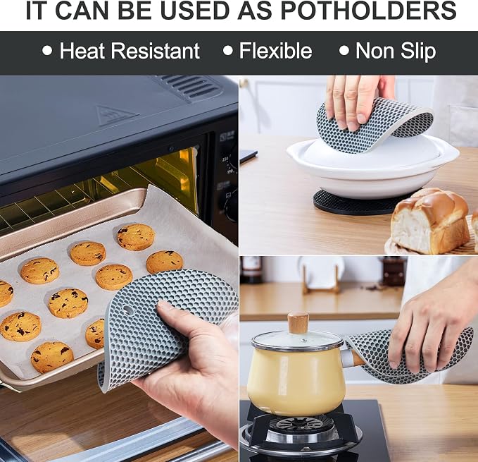 4 PCS Heat Resistant Silicone Trivet Mat for Hot Dishes, Hot Pots and Pans | Multipurpose Non-Slip Hot Pads Pot Holders for Kitchen Countertops Table, Spoon Rest, Food Grade Silicone & BPA Free, Grey
