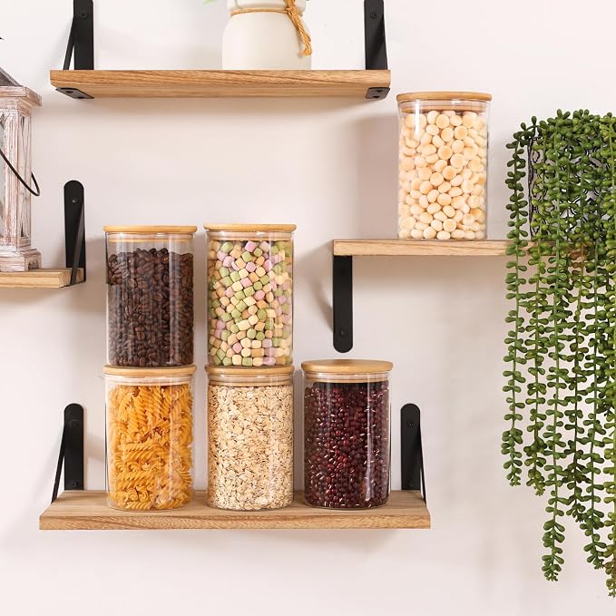 6pcs Glass Food Storage Containers with Bamboo Lids, 1qt Glass Jars | Airtight Pantry Storage Jars for Flour, Sugar, Dry Goods