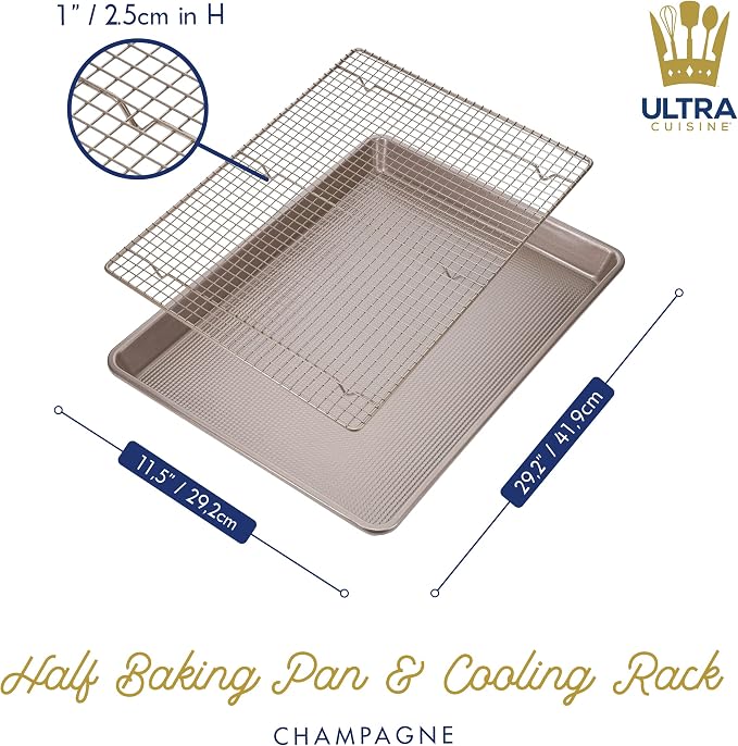 Wire Rack Baking Sheet Pan Set - Half Sheet Pan - Champagne | 100% Stainless Steel, Dishwasher Safe, Steel Reinforced Rim, Food Safe, Oven Safe, Non Stick, PFOA-Free, PTFE-Free