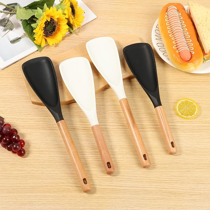 4Pcs Silicone Spatula Set with Wooden Handle, Black White Cooking Spoon Spatula Multipurpose Kitchen Utensils for Mixing, Scraping, Serving, Heat Resistant, Non-Stick Safe, 2 Large 2 Small
