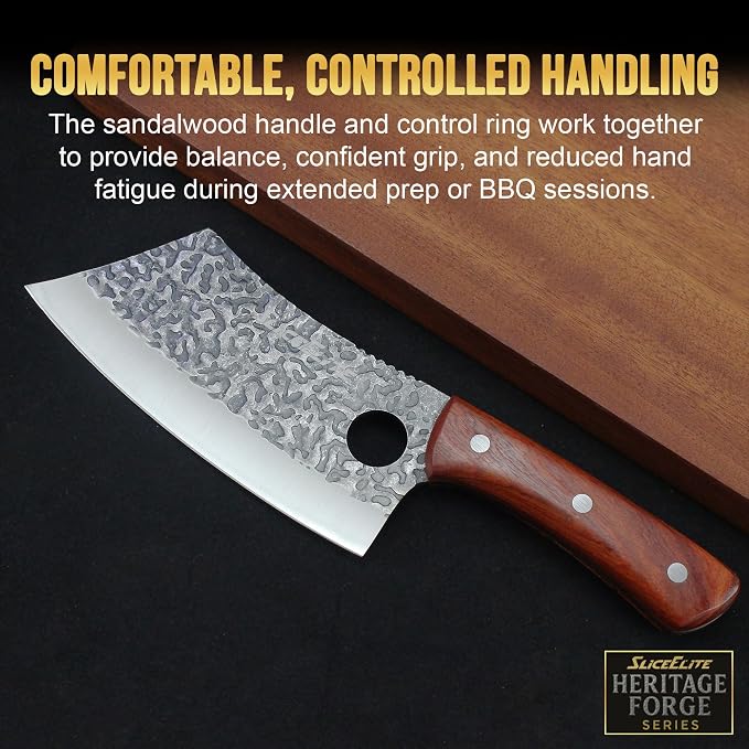Meat Cleaver Forged Butcher Knife Meat Cutting Knife Kitchen Knives BBQ | Chopping, Slicing, Kitchen, Grilling, Outdoor Cooking, Food Prep, Hammered Pattern Forged Steel, Full Tang, Sandalwood Handle