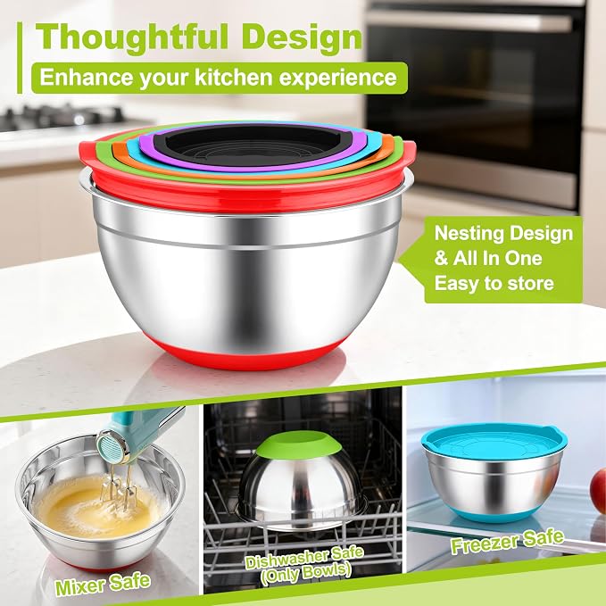 TeamFar Mixing Bowls, Stainless Steel Mixing Bowls with Lids, Nesting Salad Bowls with Air-tight Lids & Non-slip Bottom, Dishwasher Safe & Stackable, Set of 6-4.6/2.6/2 / 1.5/1 / 0.7 Qt